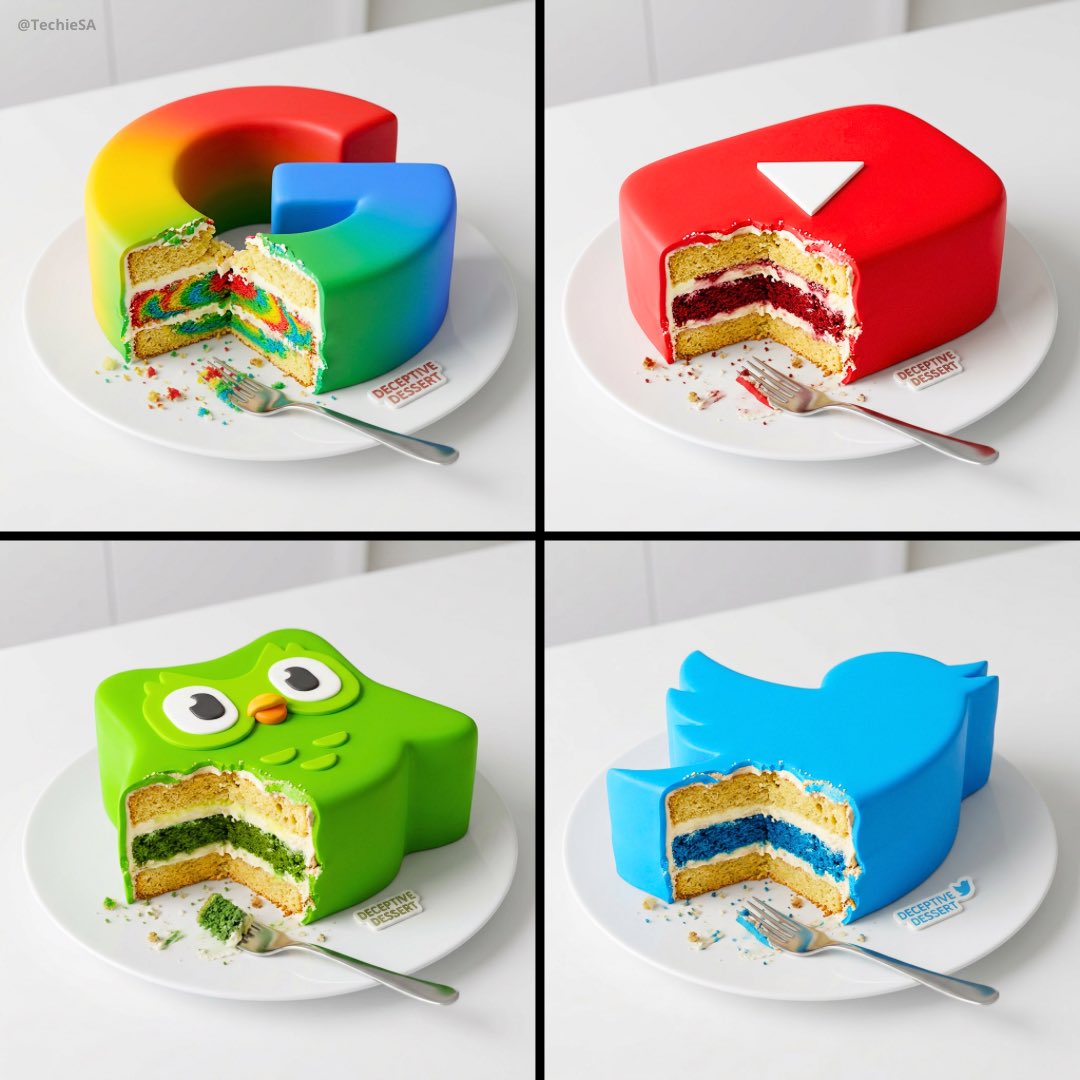 Four colorful object-shaped cakes on white plates are shown with bite marks revealing layered cake inside.