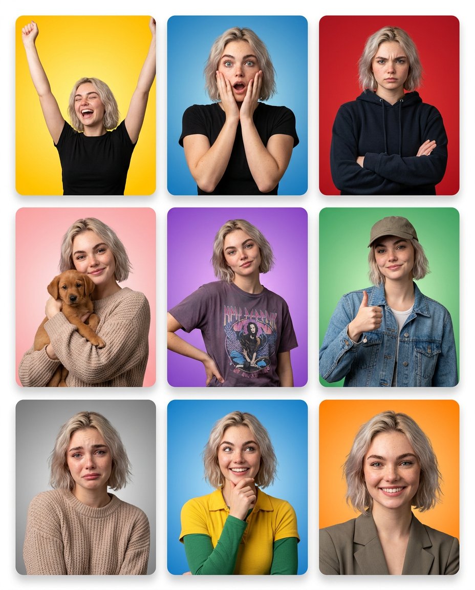 A seven-tile grid of a blonde woman showing different facial expressions on colored backgrounds.