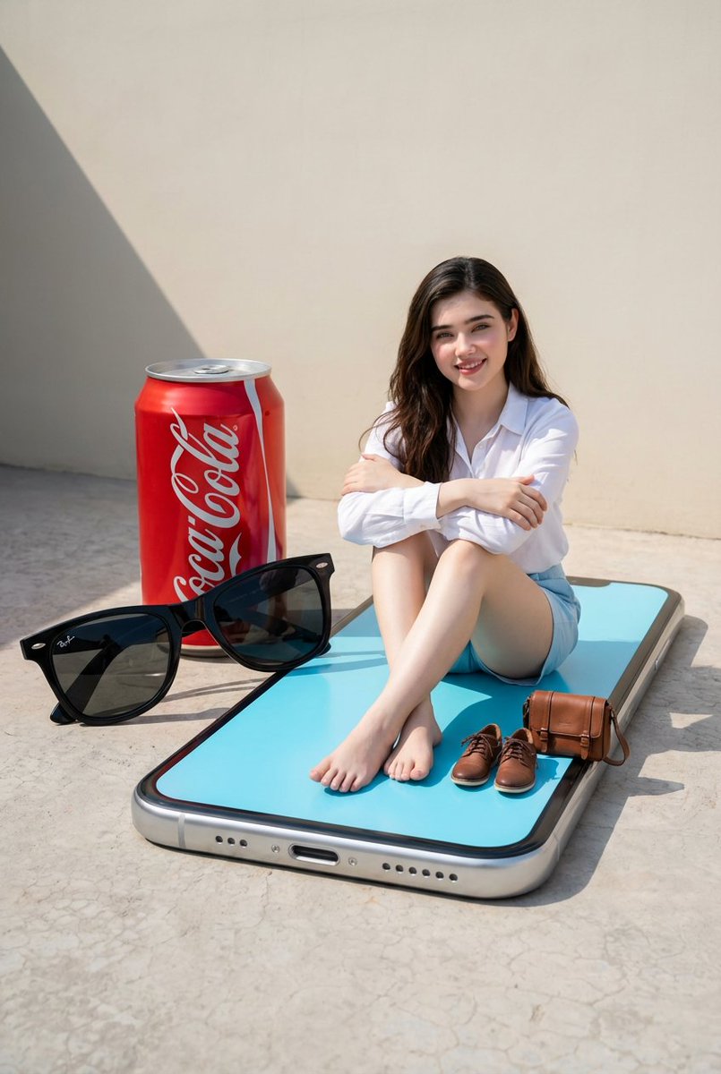 Woman sitting cross-legged on a giant smartphone beside a red soda can and black sunglasses.