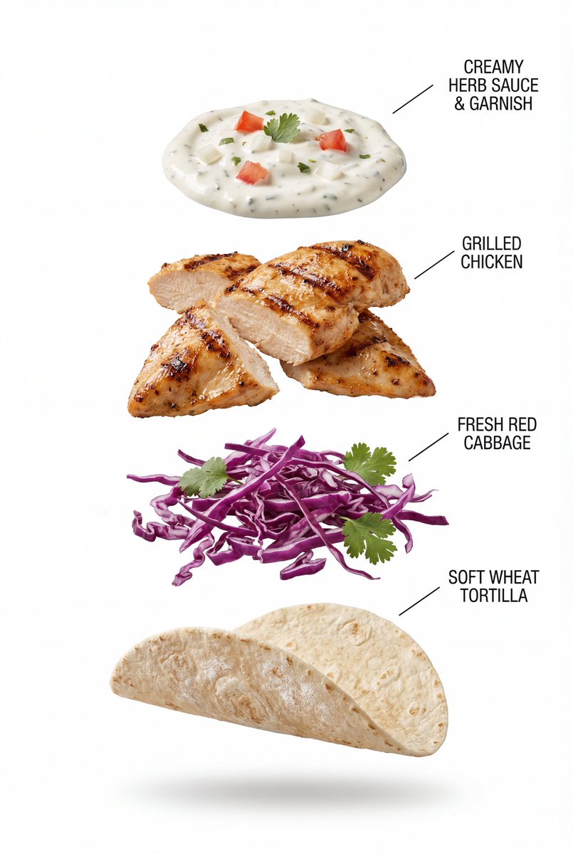A taco ingredient infographic with chicken, cabbage, sauce, and tortilla parts on white.