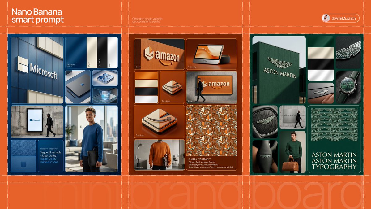A blue Microsoft brand grid with storefront, color swatches, logo details, and lifestyle mockups.