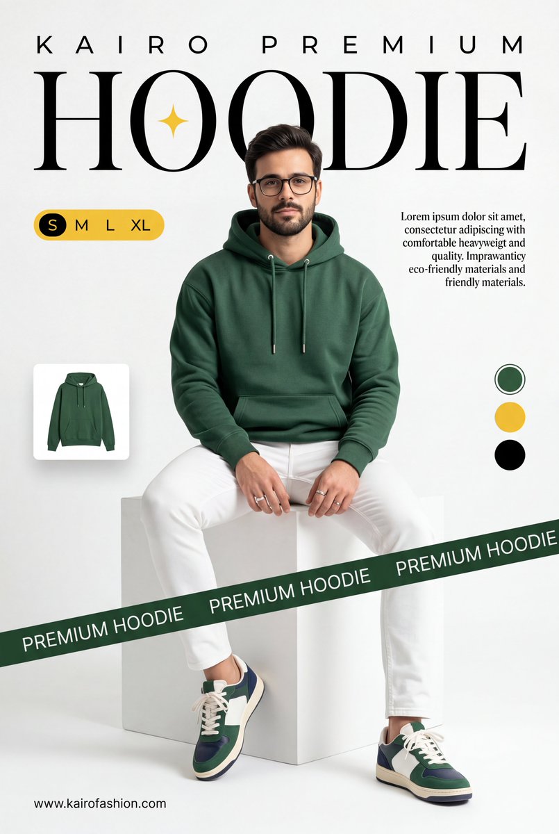 A seated man wearing a green hoodie in a white studio with large headline text and product UI elements.
