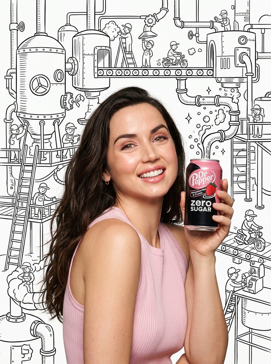 Smiling woman in a pink sleeveless top holding a soda can against a line-art factory background.
