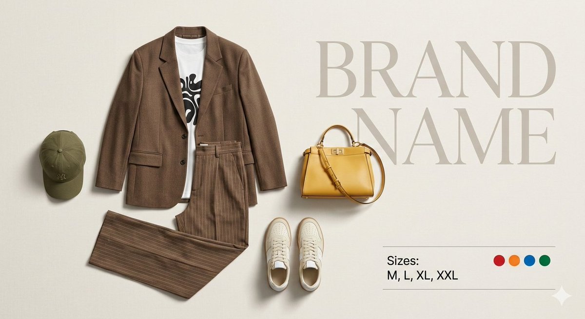 Flat lay of a brown blazer, trousers, cap, sneakers, and yellow handbag with catalog text.