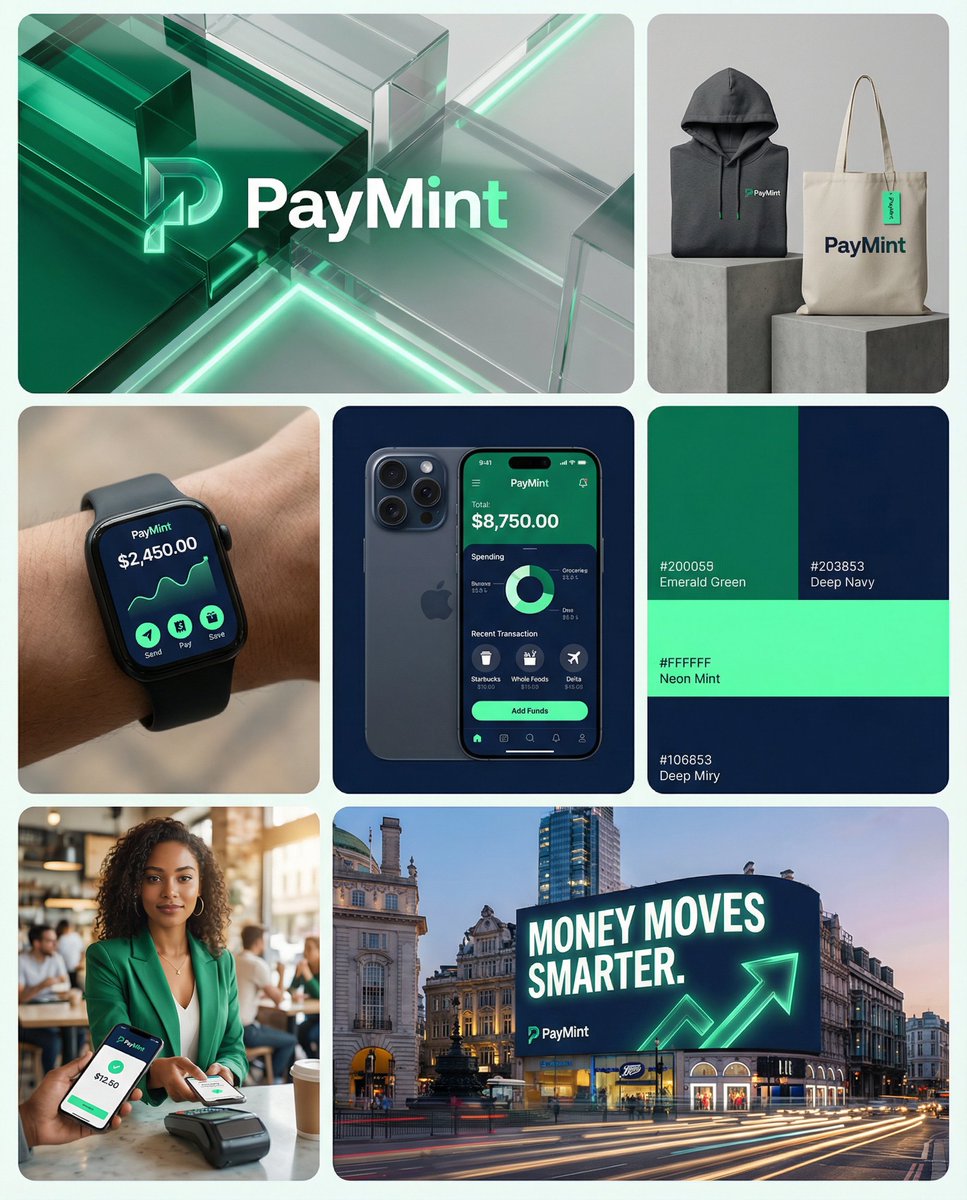 A fintech brand board shows a logo, app screen, merch, color palette, and billboard mockup.