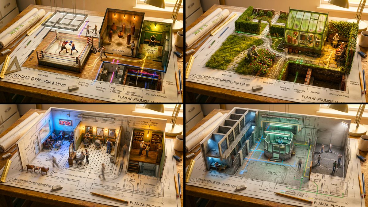 An architectural floor plan on a desk with miniature rooms built up from the drawing.
