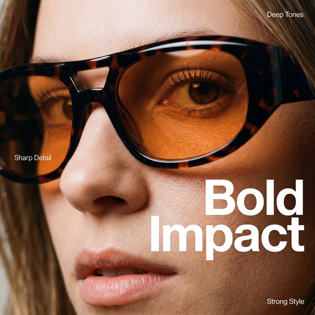 Extreme close-up of a face wearing tortoiseshell sunglasses with bold white text.