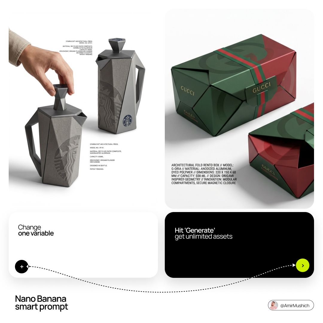 White layout showing angular branded containers and boxes with editorial text and a hand holding one object.