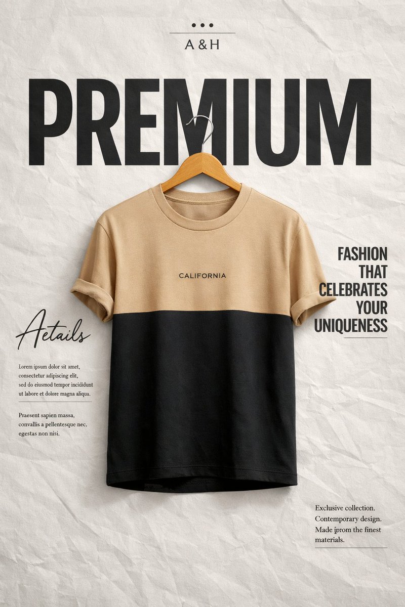 Two-tone beige and black t-shirt on a hanger over a minimalist fashion poster layout