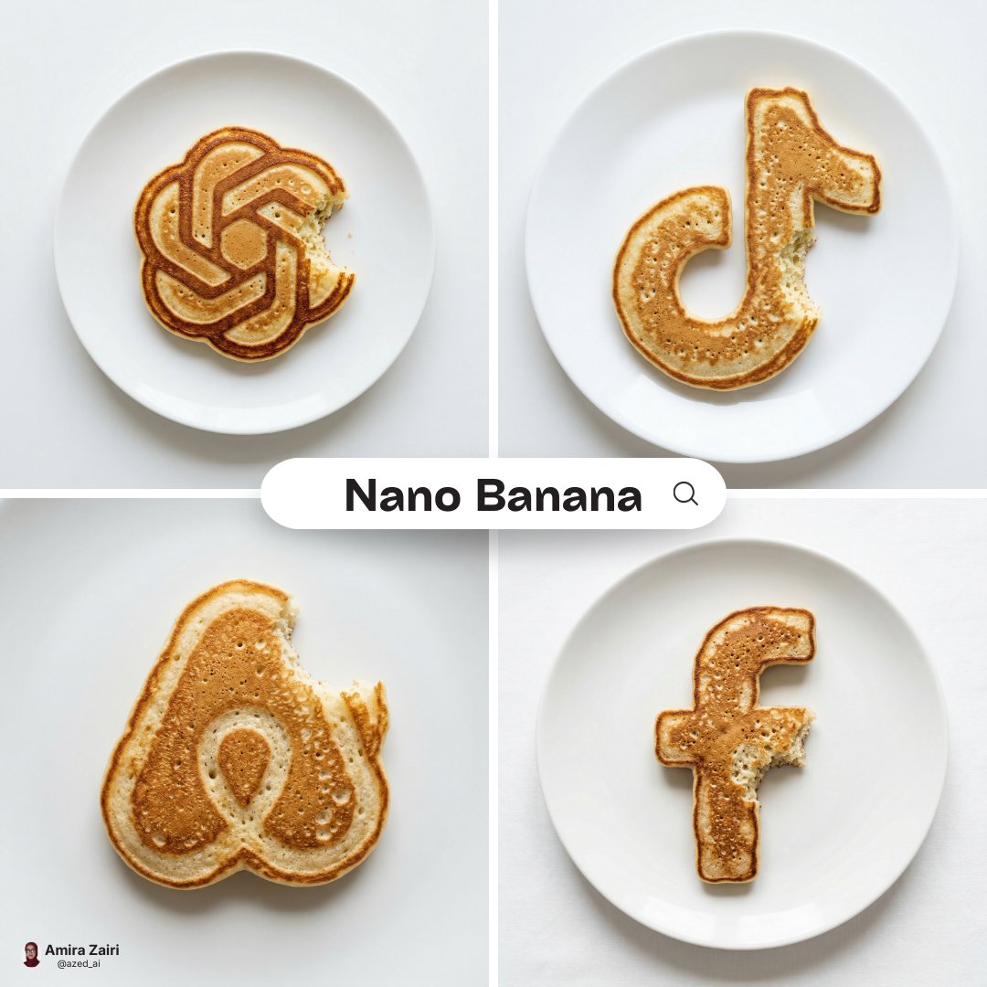 Four pancakes shaped like different logos on white plates in a top-down collage.
