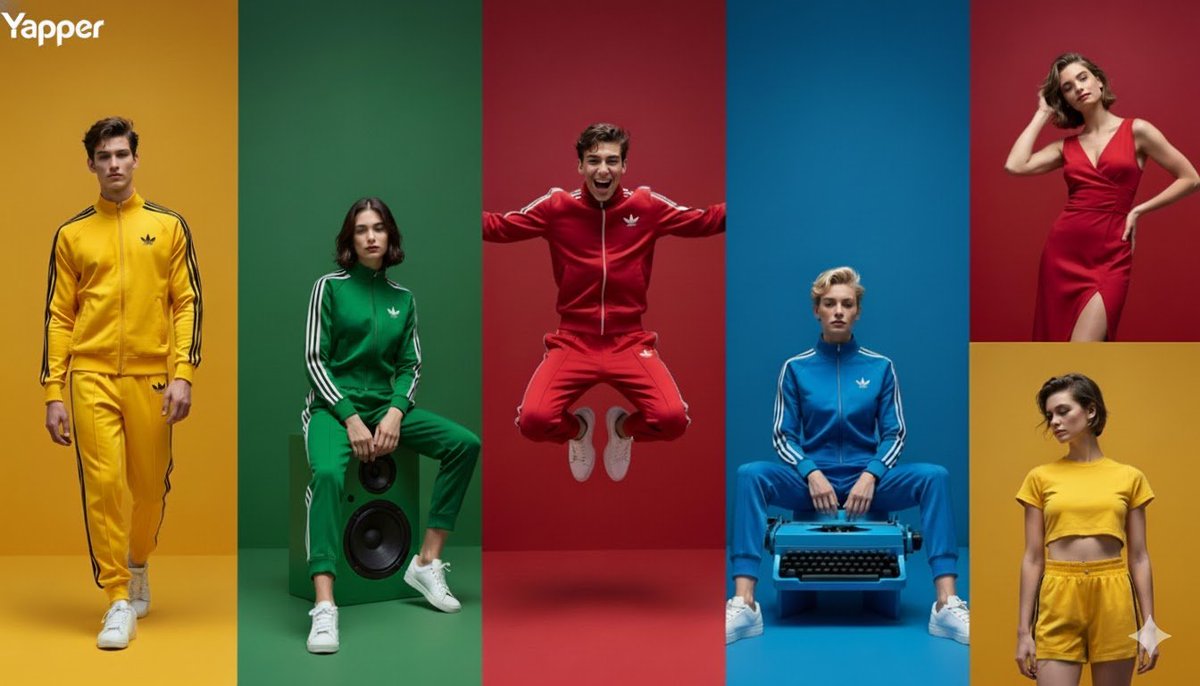 Fashion models in color-matched sportswear posed across vertical yellow, green, red, and blue panels.
