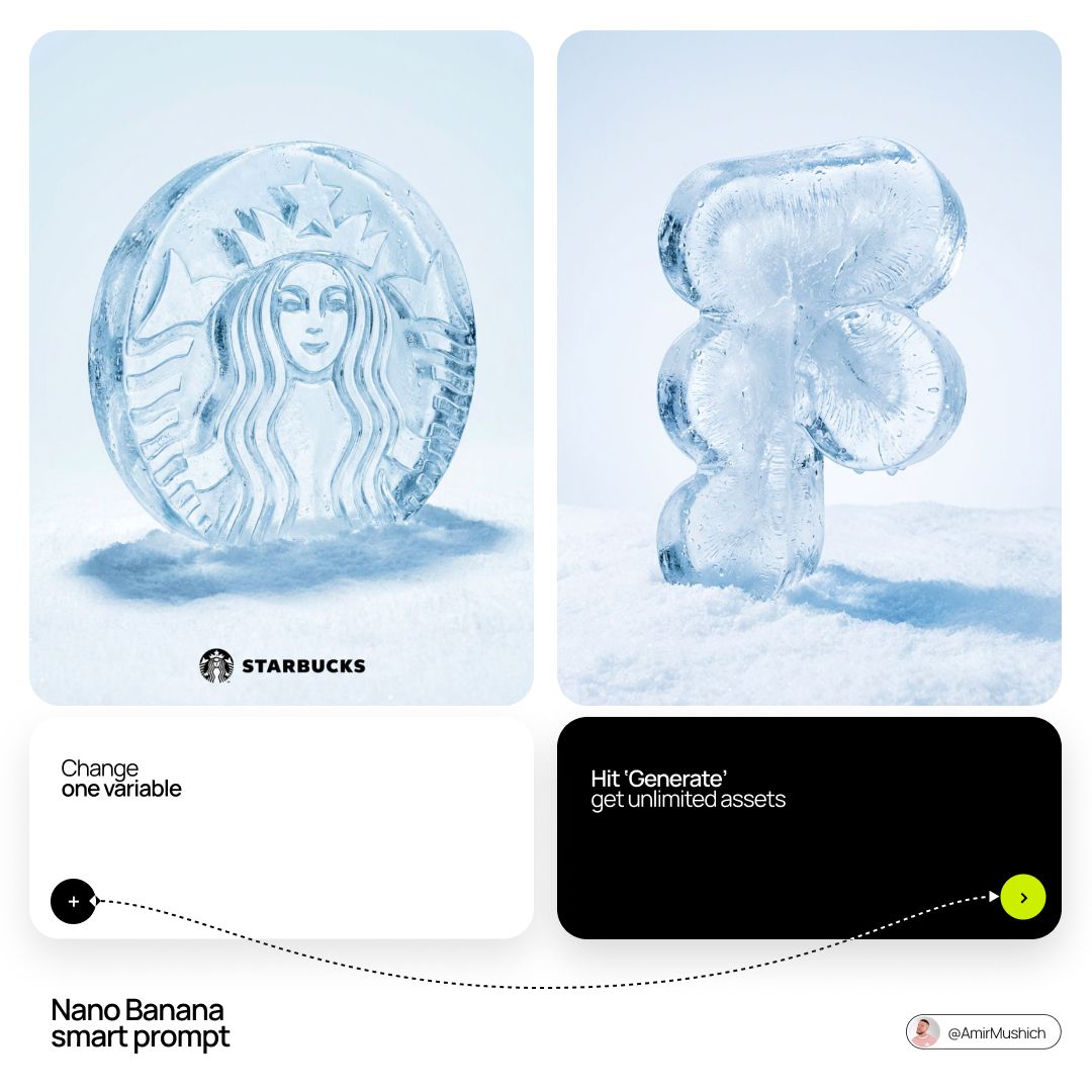 A translucent ice sculpture shaped like a logo resting on snow.