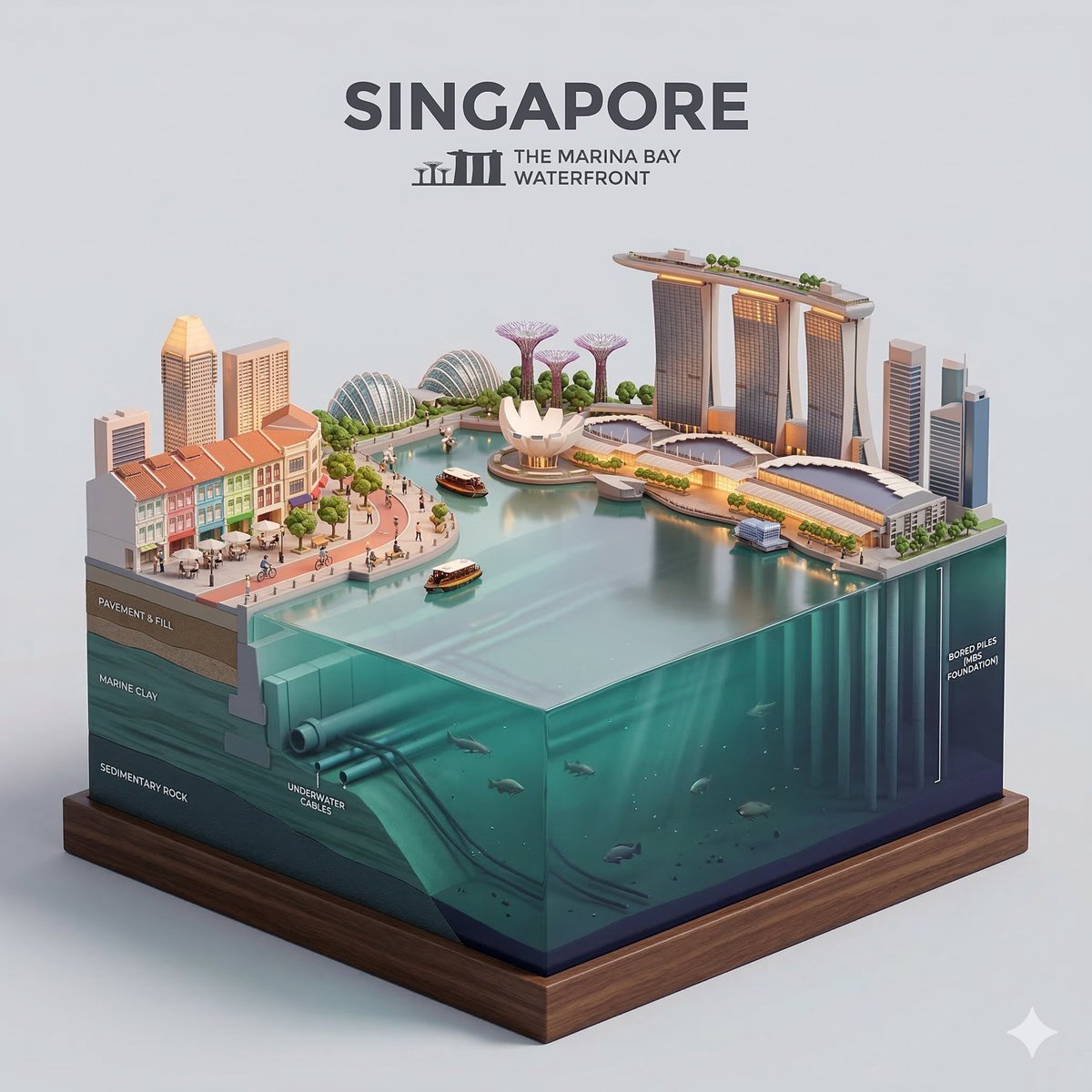3D cutaway diorama of Singapore's Marina Bay waterfront with buildings above the water and foundations below.