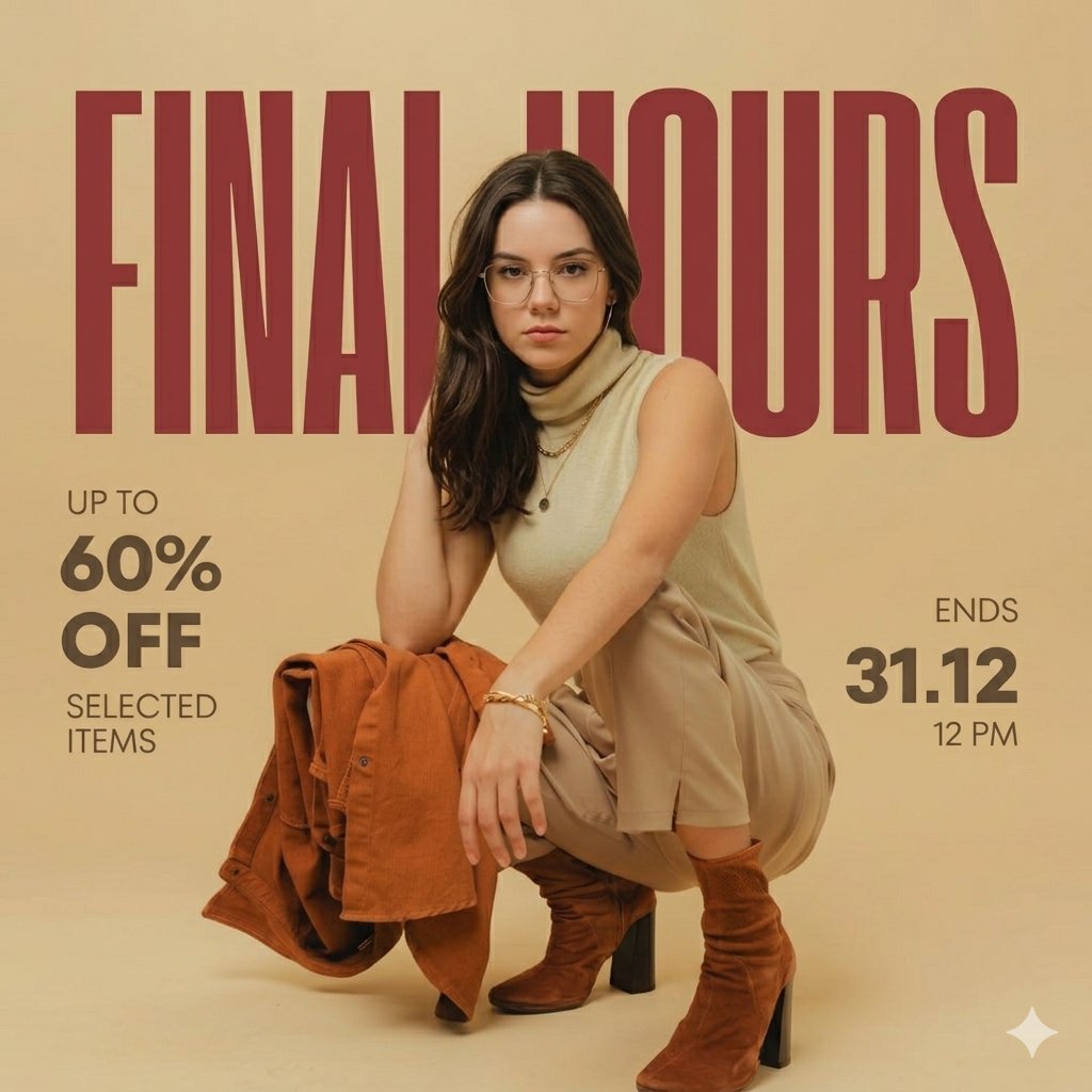 Fashion poster with a crouching woman, beige background, and large FINAL HOURS headline.