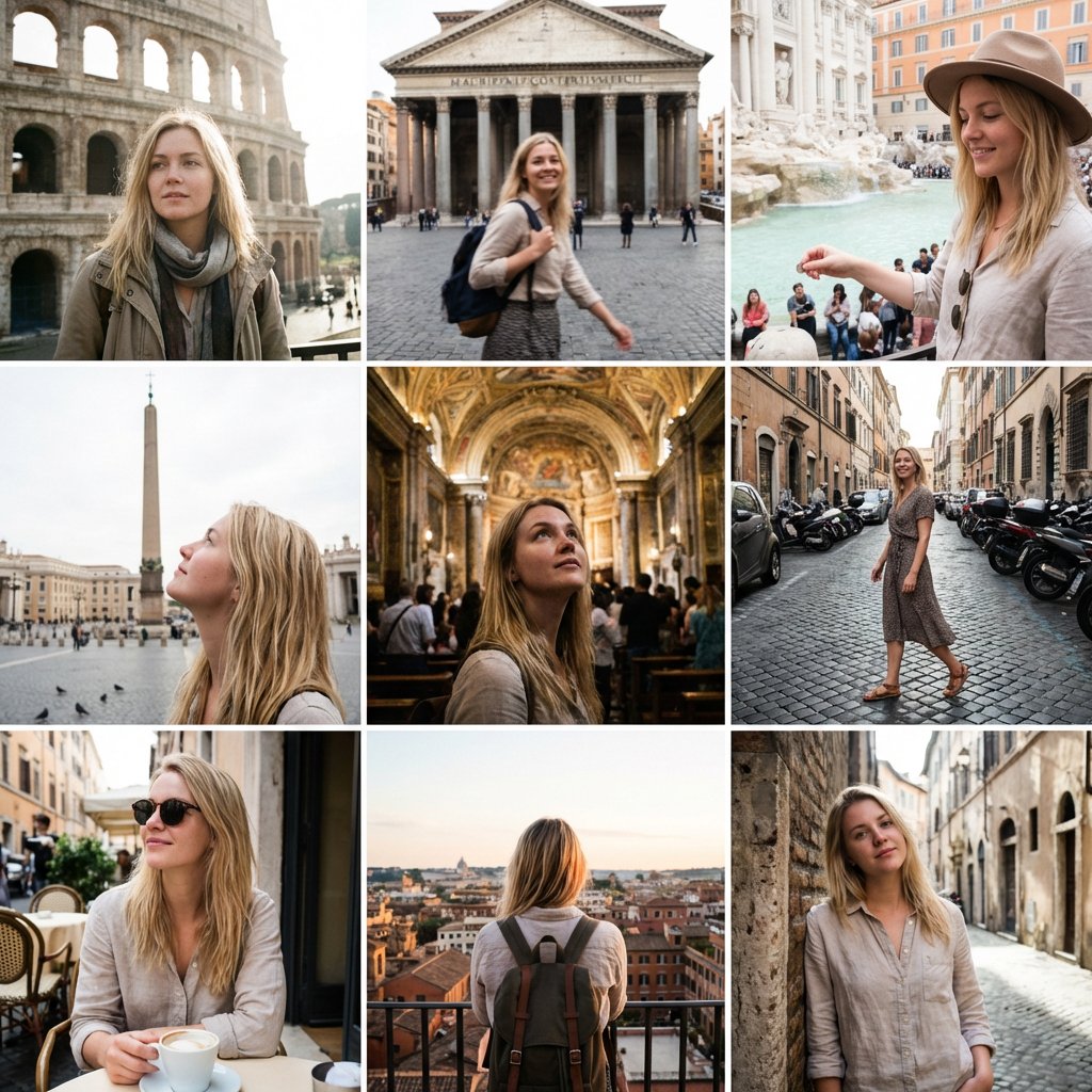 Nine-photo collage of a blonde woman visiting Rome landmarks and streets in candid travel snapshots.