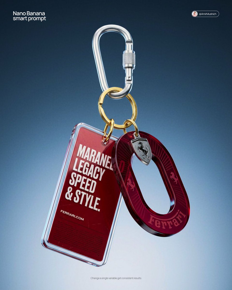 A suspended keychain with a silver carabiner, gold ring, and two red branded charms.