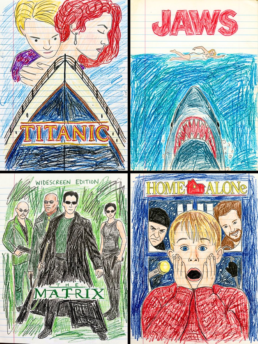 Four famous movie posters are redrawn as crayon sketches on lined notebook paper.