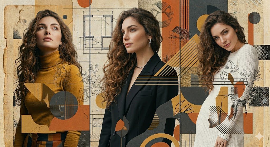 Three-panel fashion collage showing the same woman in different poses with abstract graphic overlays.