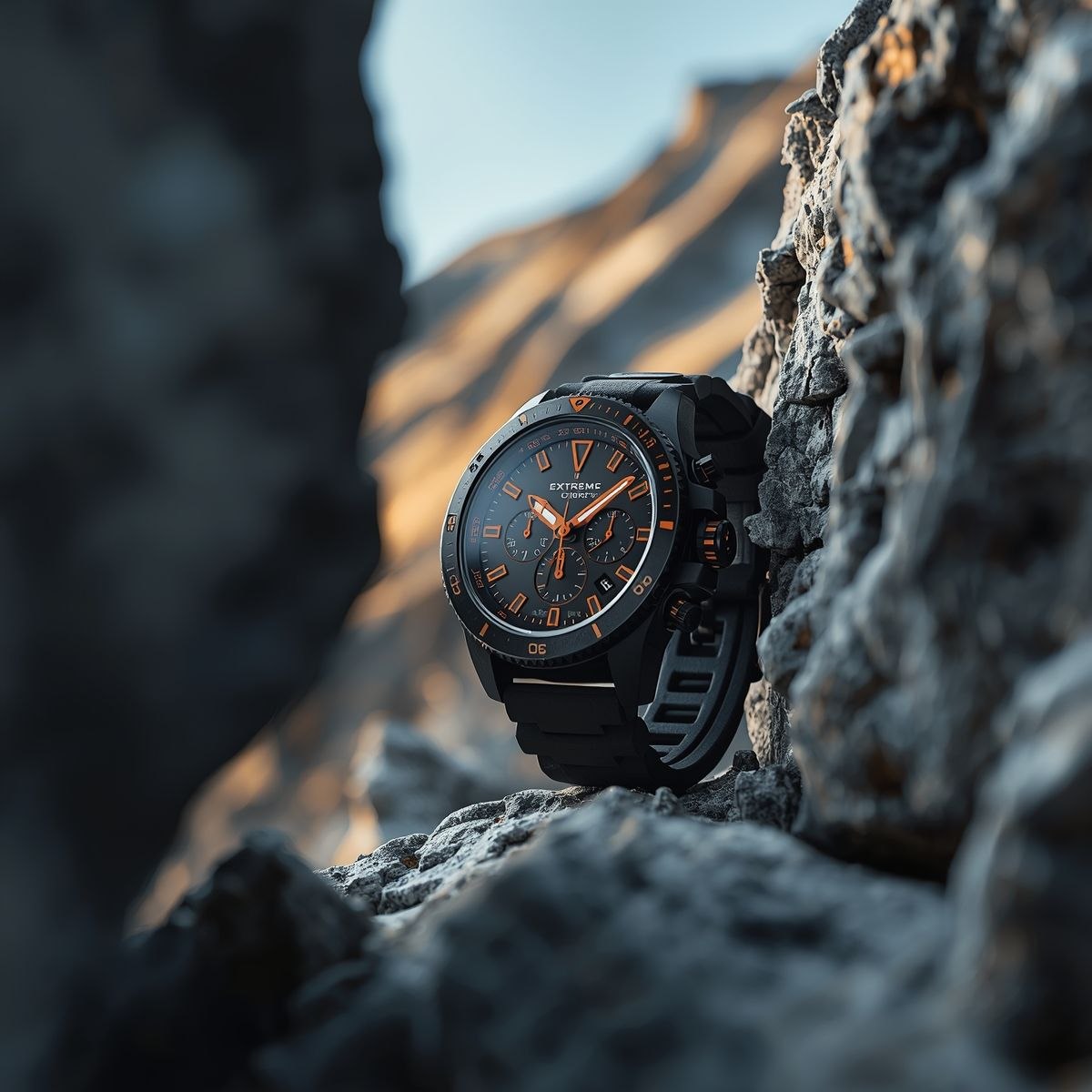 Black chronograph watch tucked between rocky cliffs with mountain light behind it.