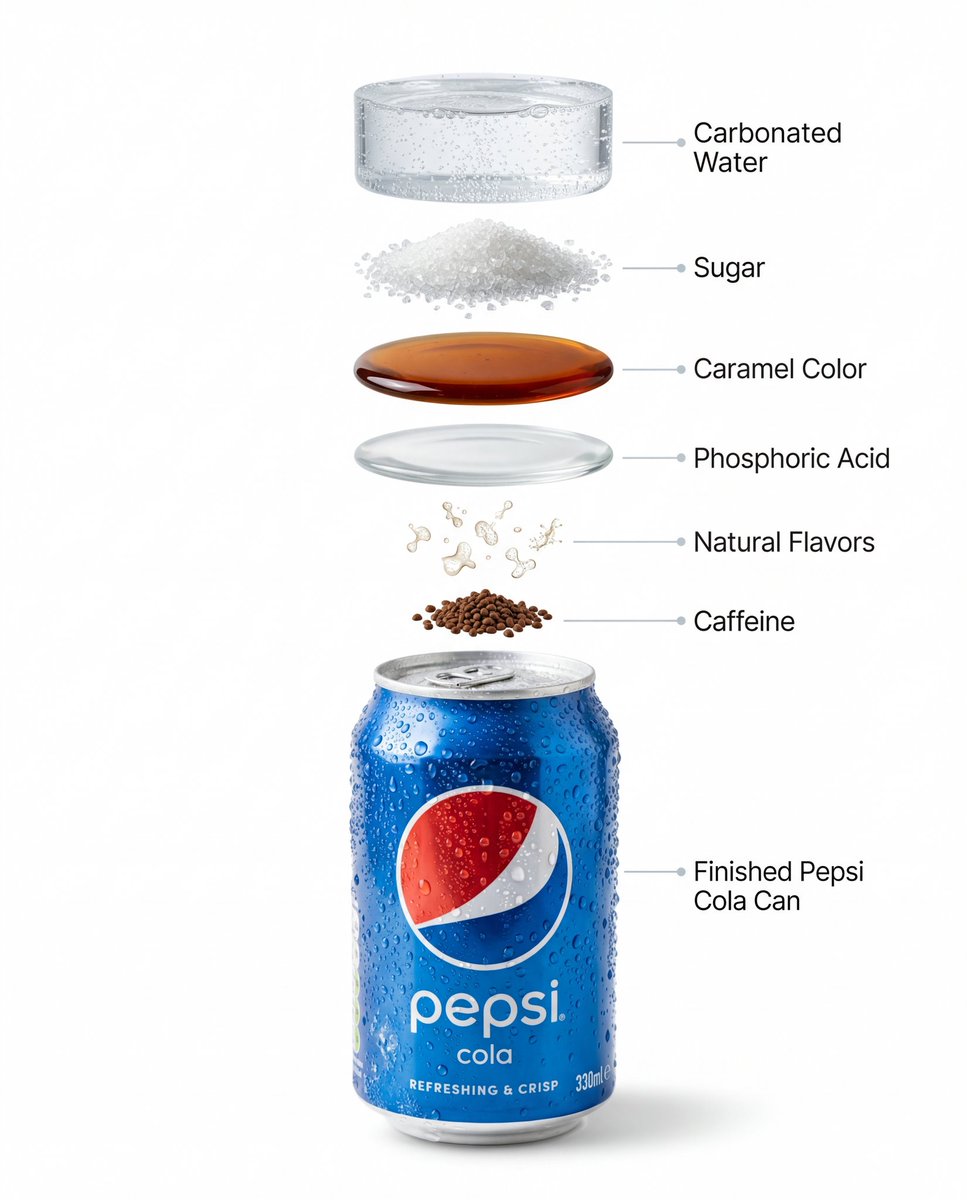 Ingredient-style diagram with labeled layers above a blue soda can on a white background.