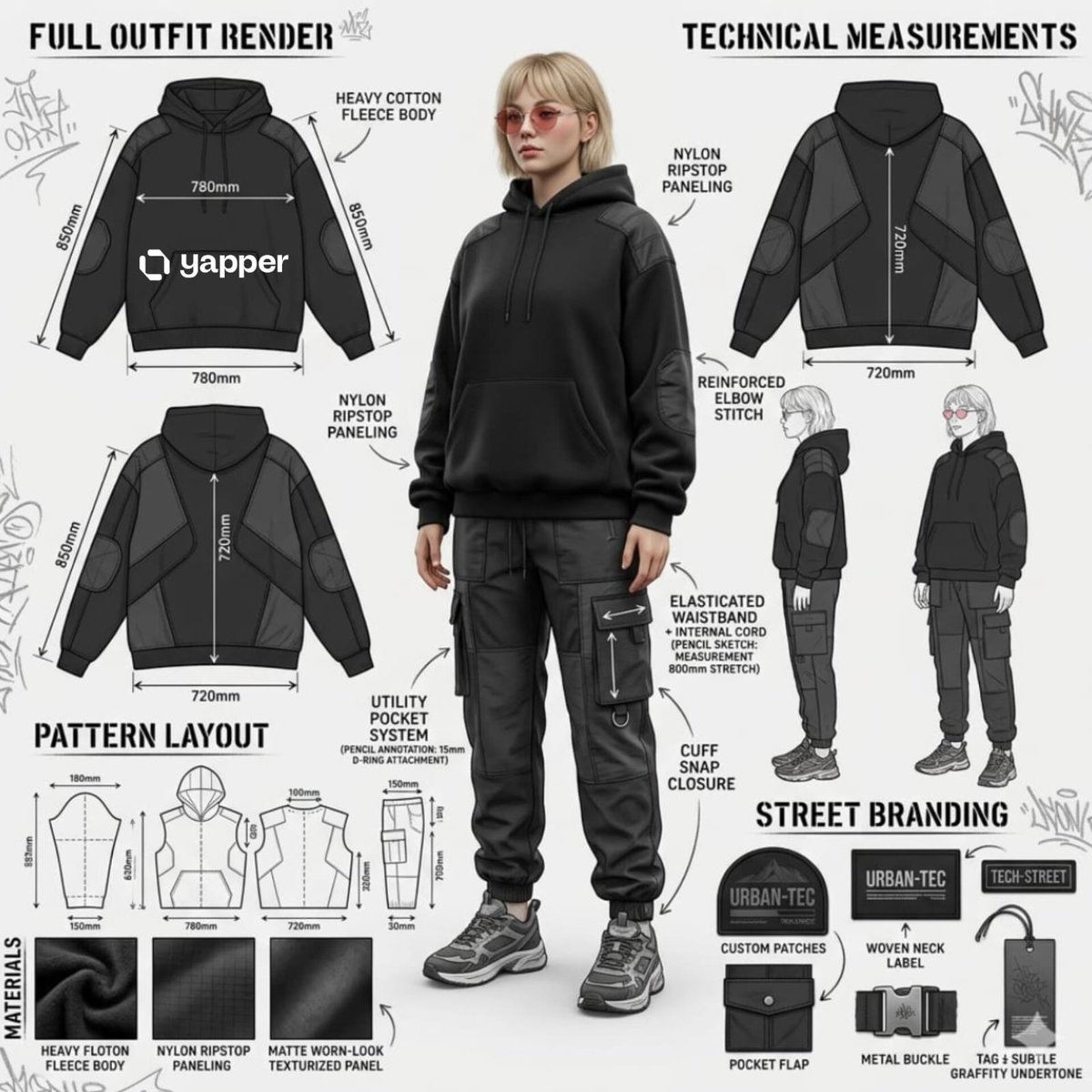 Technical fashion sheet showing a black hoodie and cargo outfit with measurements and pattern sketches.
