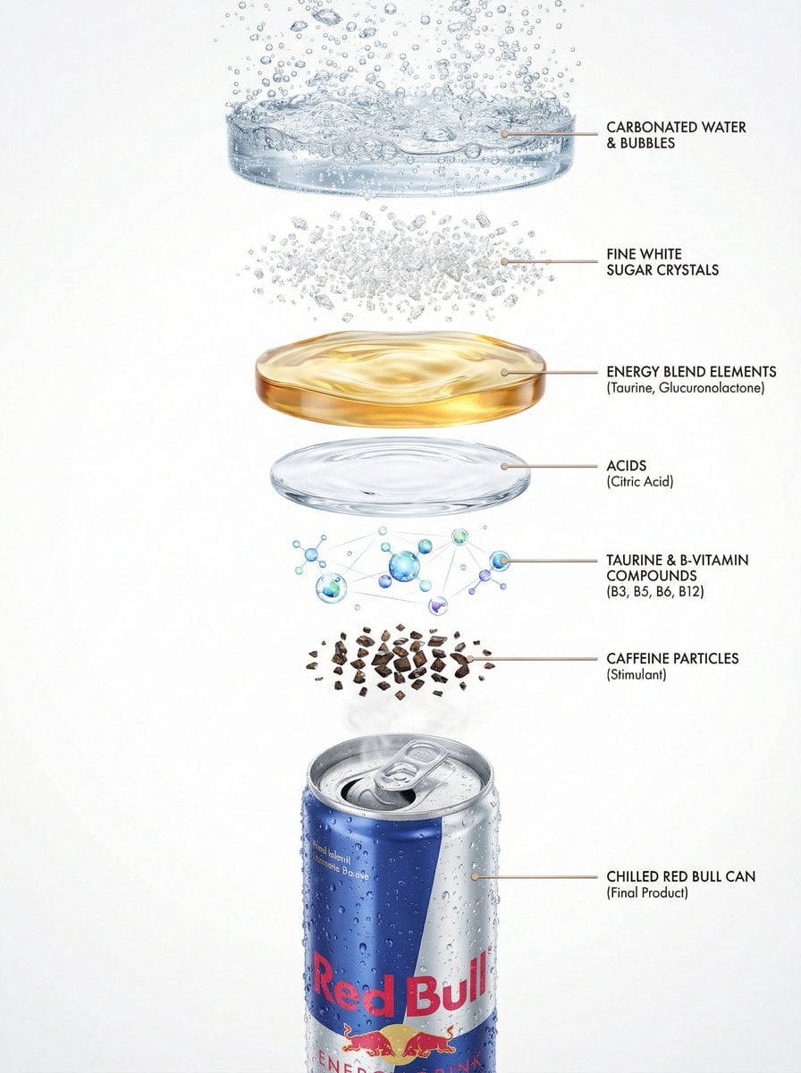 Vertical infographic showing floating energy drink ingredient layers above a chilled can with labels.