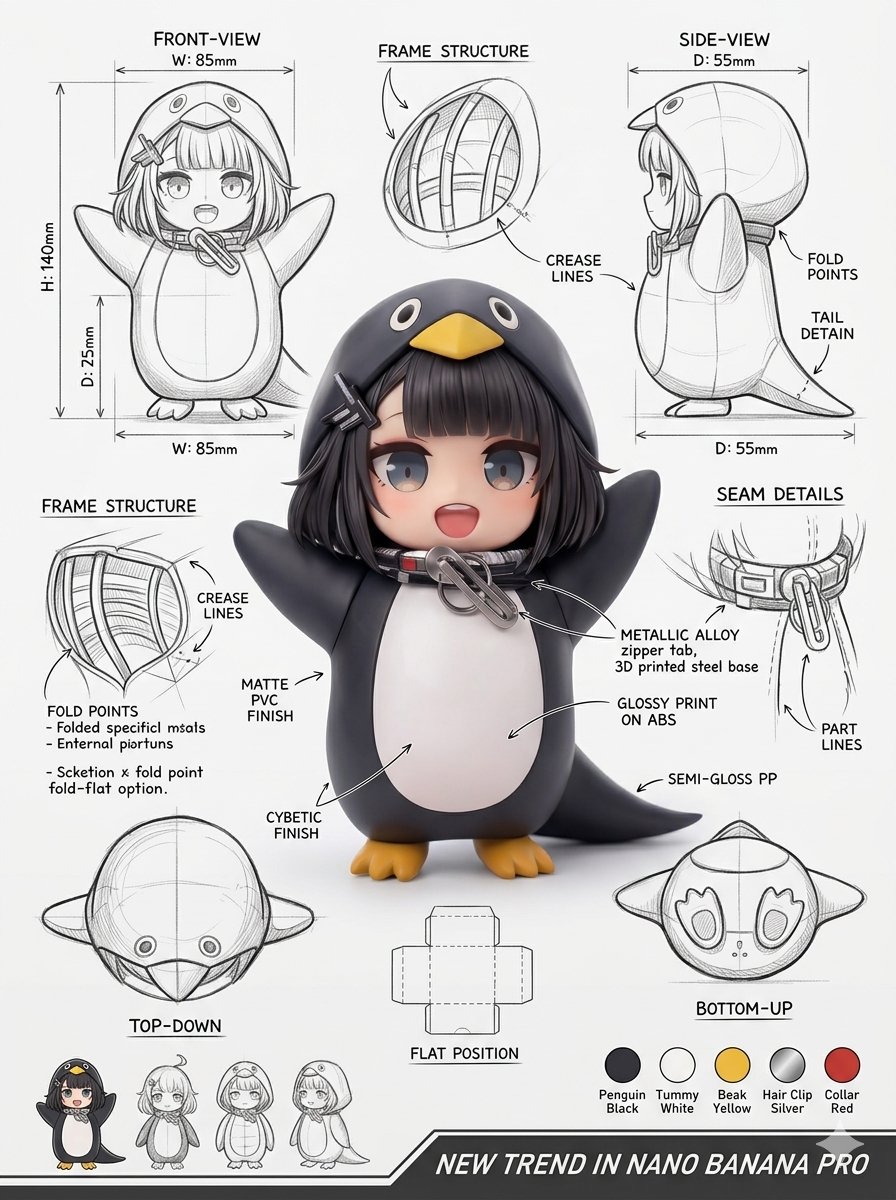 Packaging concept sheet with a 3D penguin character, sketch views, measurements, and material notes.