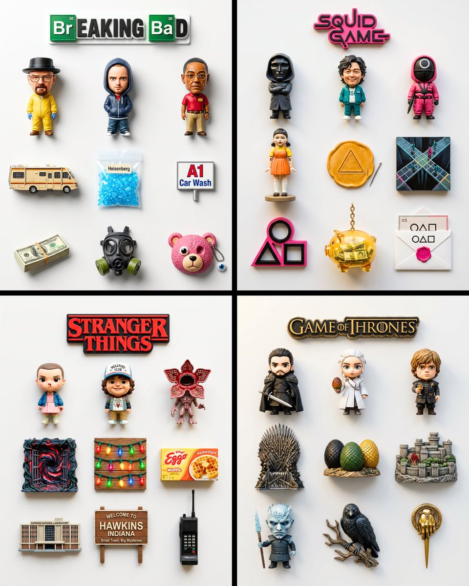 A flat-lay of small sculpted magnets arranged in a grid on a white background.