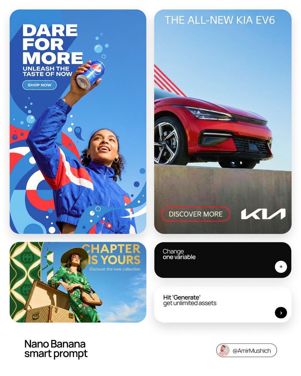 Grid of bold ad mockups combining low-angle photography, bright graphics, and large typography for brand campaigns.