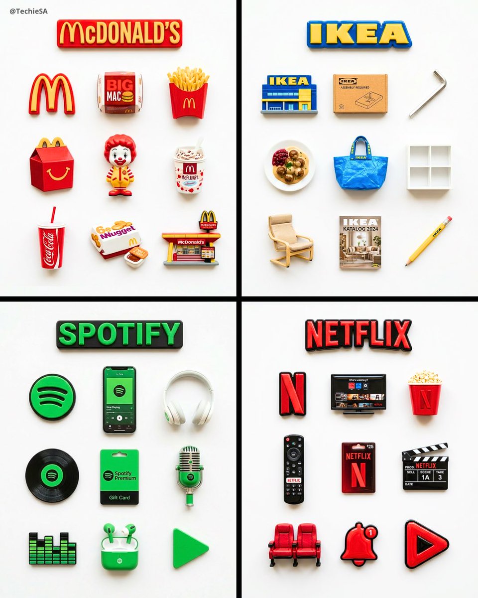 Nine branded fridge magnets arranged in a grid on a white background.