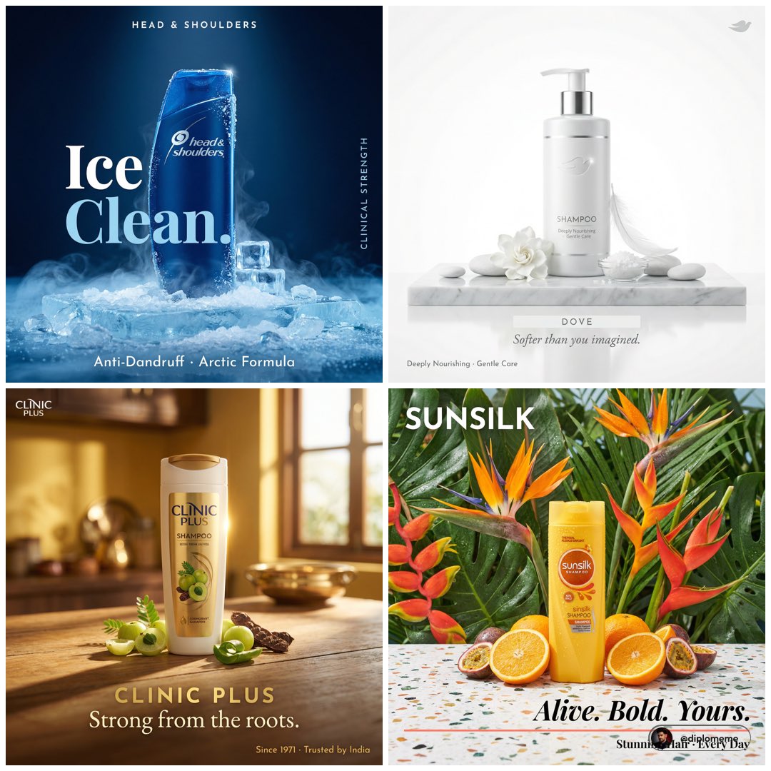 Square collage of shampoo advertisement concepts with centered bottles, bold headlines, and product props.