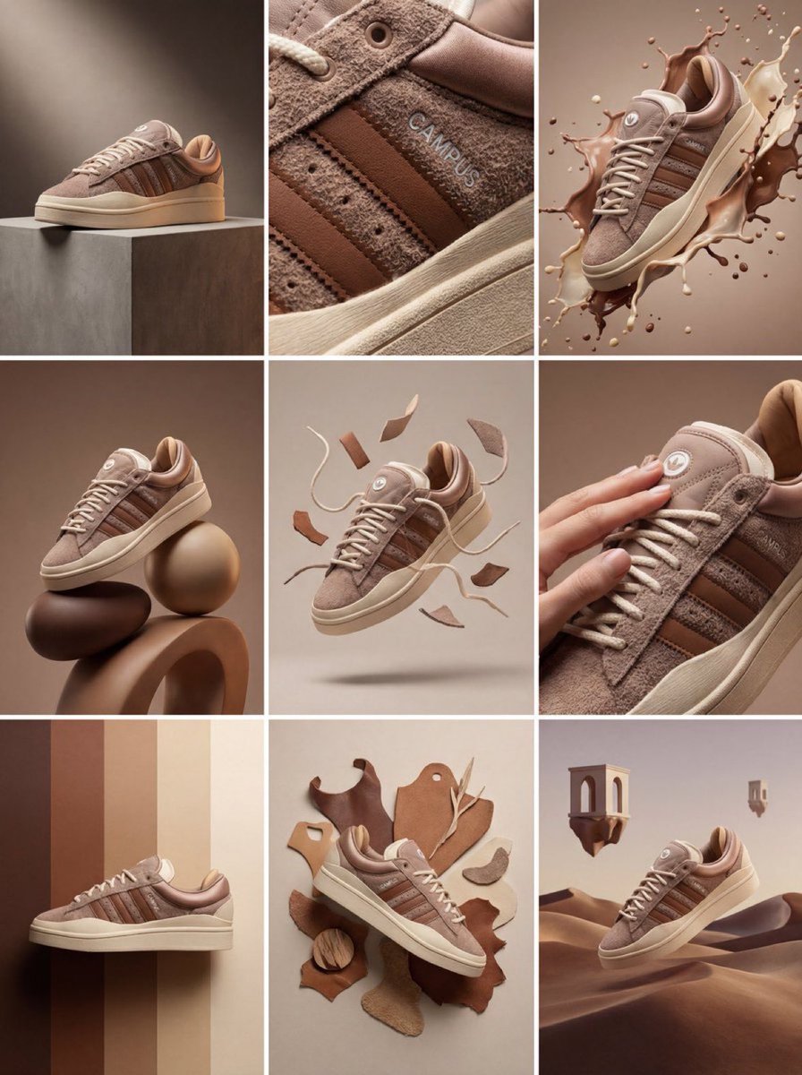 Nine-panel sneaker advertising grid with beige shoe shown in studio, macro, floating, and abstract scenes.
