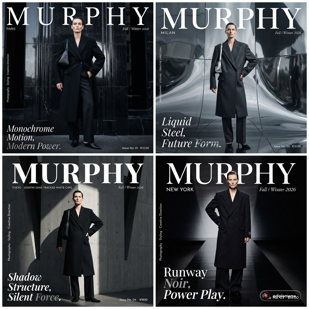 Fashion magazine cover layout with a model in a long black coat standing against a glossy black marble background.