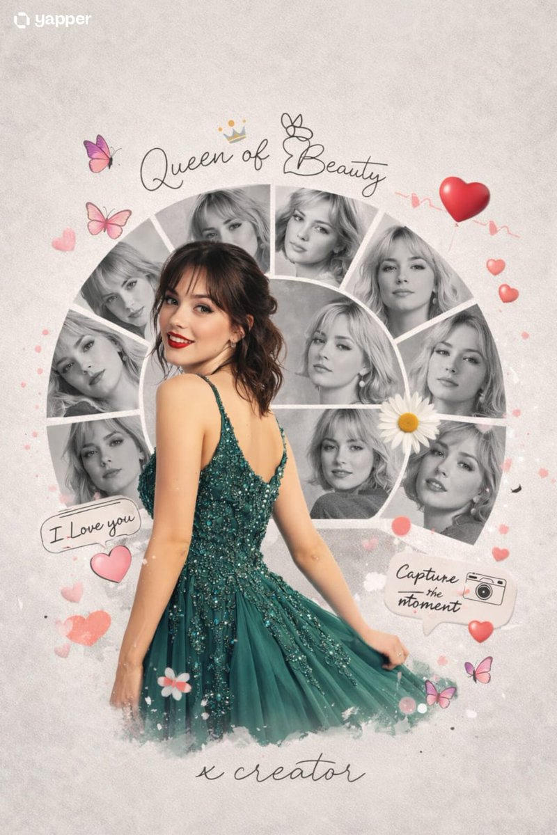 A romantic collage poster with a woman in a green dress and grayscale portrait fan behind her.