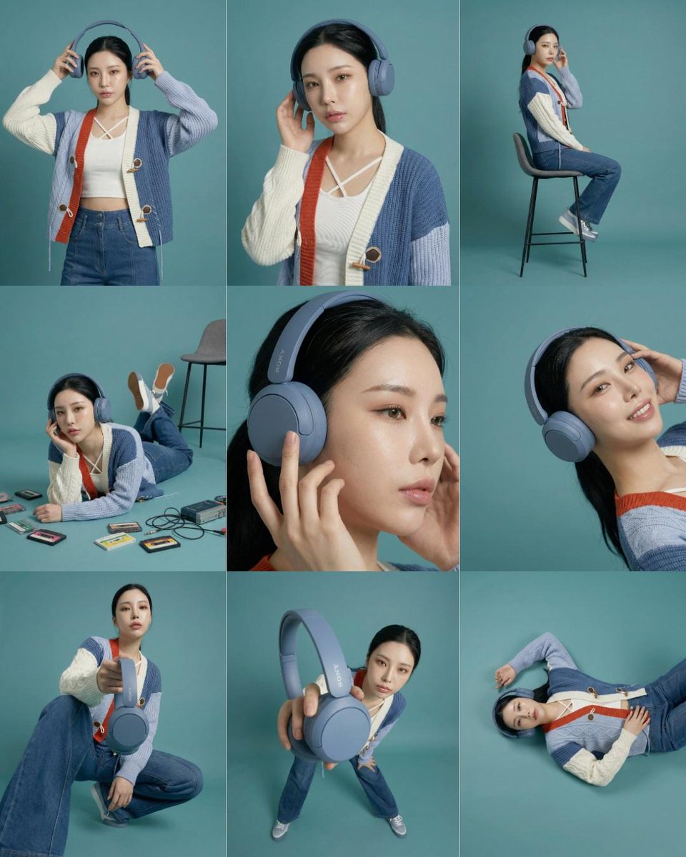 A nine-panel grid of a woman modeling wireless headphones in varied poses.