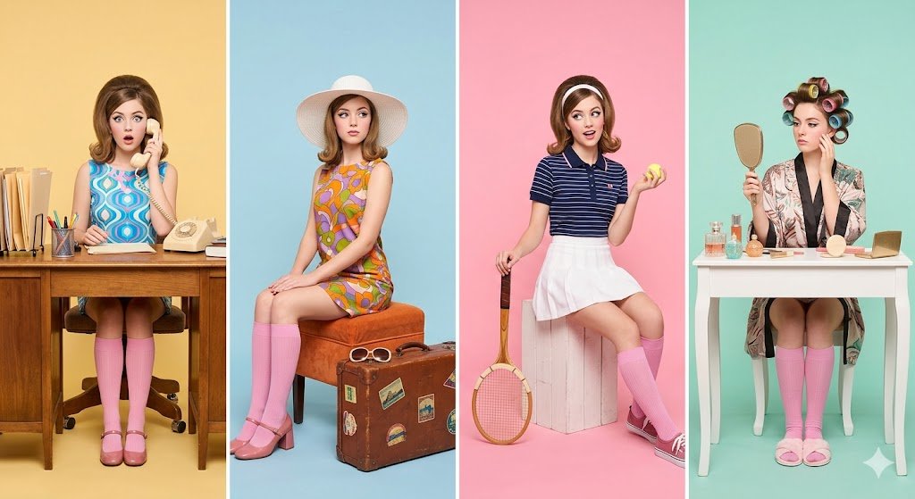 A four-panel portrait of a woman in vintage outfits against pastel backgrounds