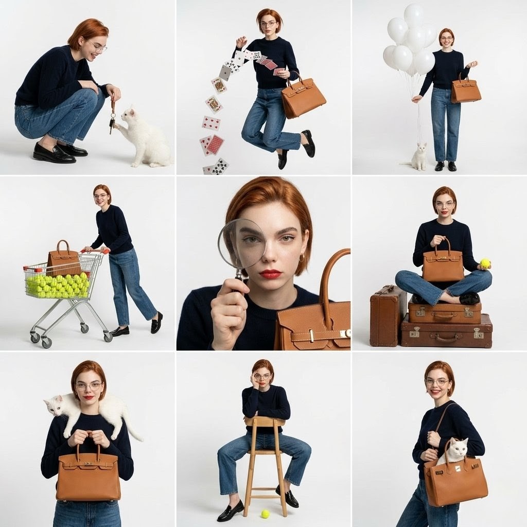 Nine-panel fashion collage of a woman posing with a handbag, cat, balloons, cards, and tennis balls.