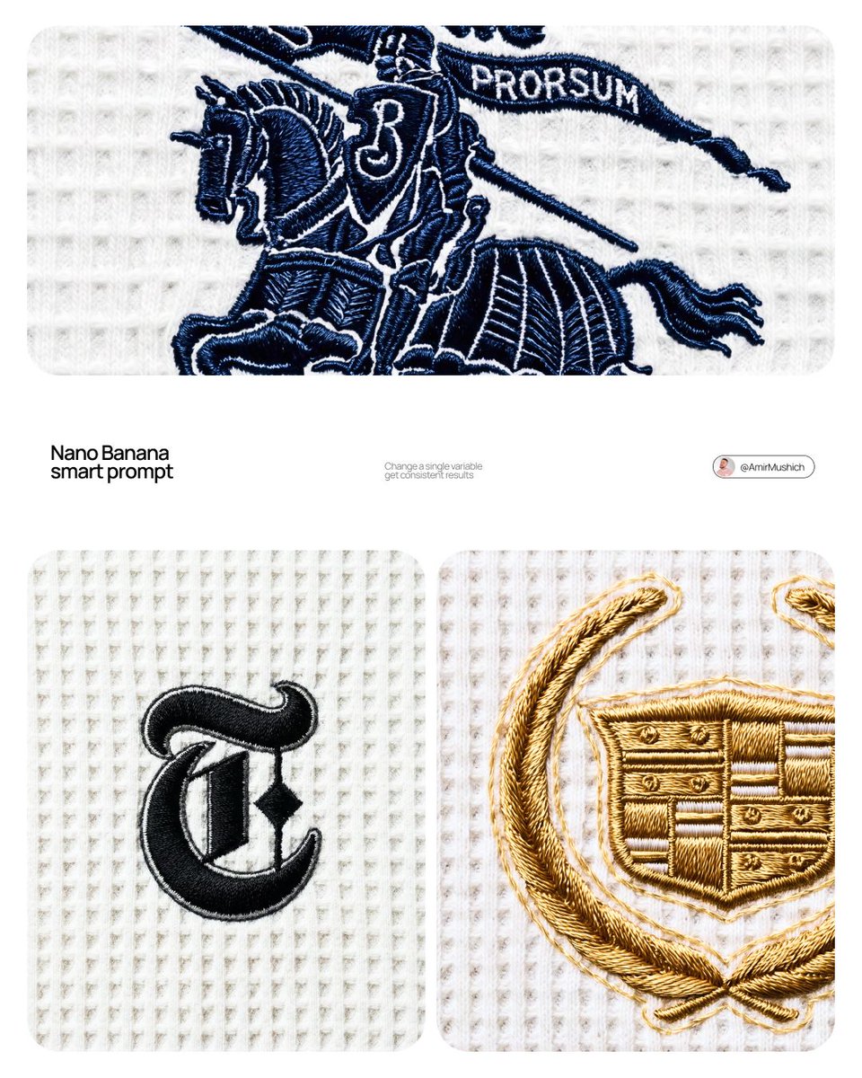 Close-up of a navy embroidered horse logo on white waffle-knit fabric.