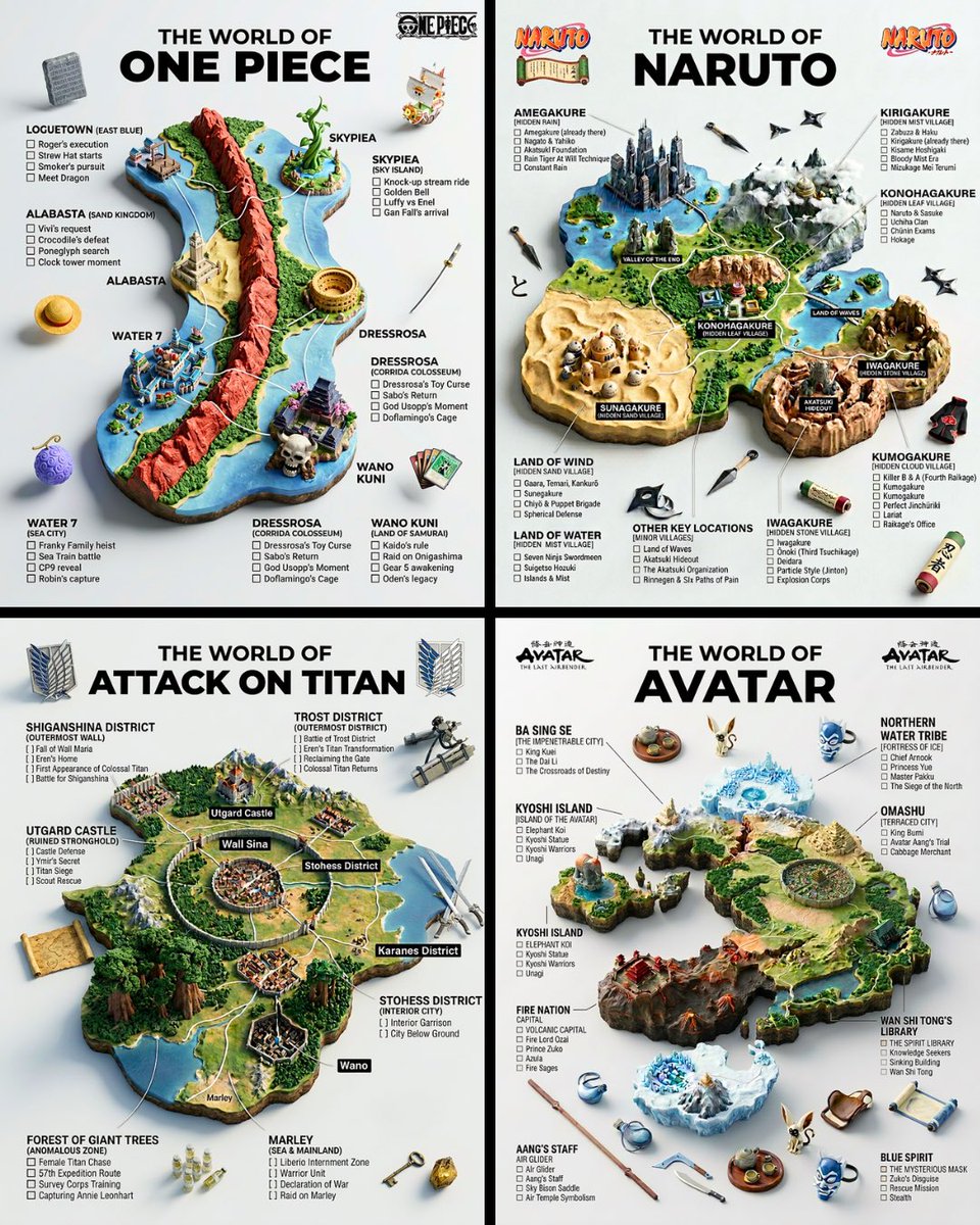 Four infographic posters showing fictional worlds as raised 3D map layouts.