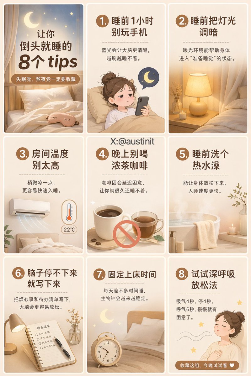Nine-panel beige Chinese sleep tips poster with cozy bedroom illustrations and large headings.