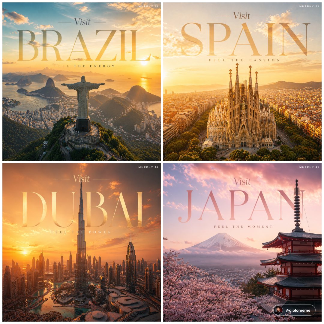 Four square destination posters featuring Brazil, Spain, Dubai, and Japan with large elegant title text.