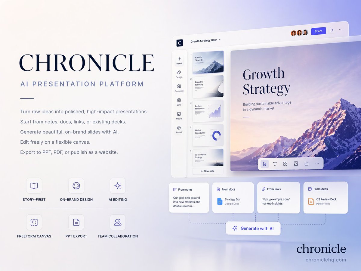 A minimalist presentation cover with the word CHRONICLE and a software interface mockup.