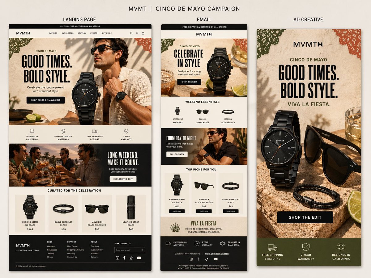 A campaign board with three labeled panels showing landing page, email, and ad creative for a watch brand.