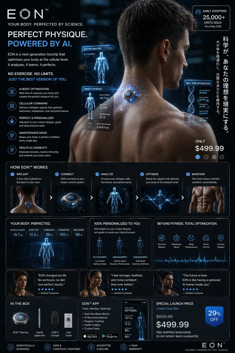 A futuristic poster showing a man from behind with glowing interface panels and product details.