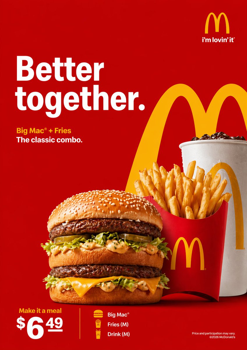 Burger combo poster with fries and soda on a red background with large headline text.