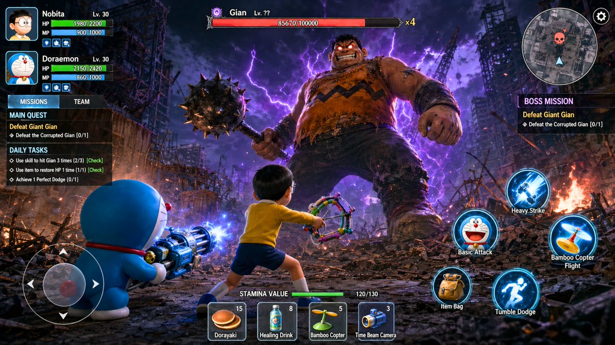 A game battle screen showing Doraemon, Nobita, and a giant boss in a ruined city.