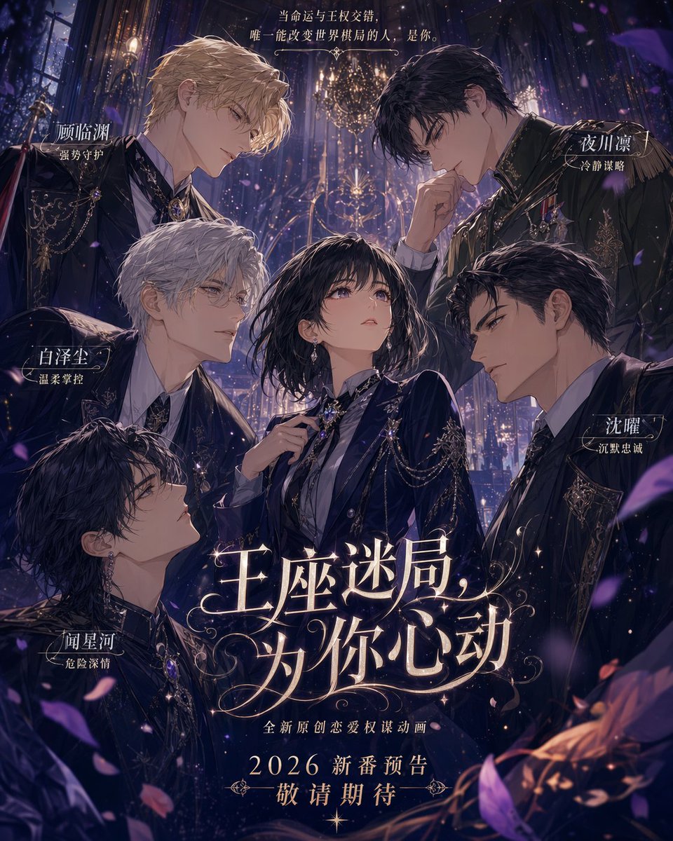 A fantasy otome game poster shows one woman surrounded by five serious men in a glowing palace interior.
