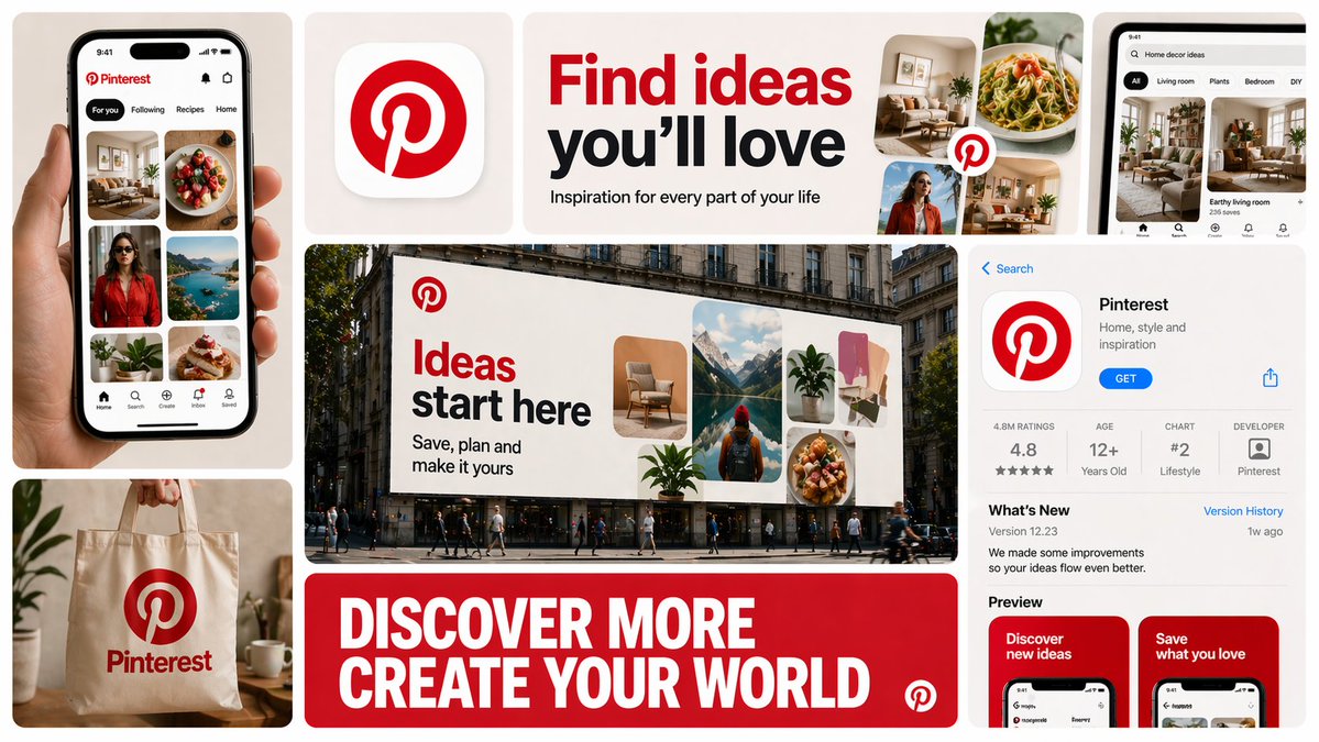 A bento-grid Pinterest collage with phone mockups, logo, headline, billboard, and app store preview.