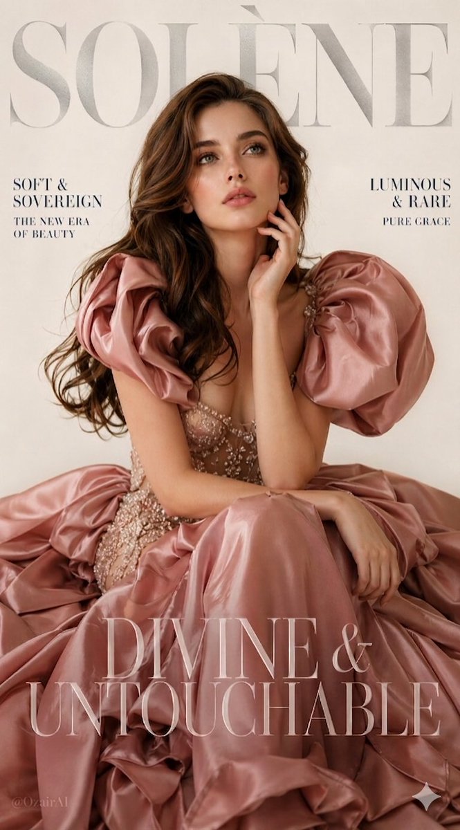 Seated model in a voluminous dusty rose satin gown on a cream magazine cover layout.