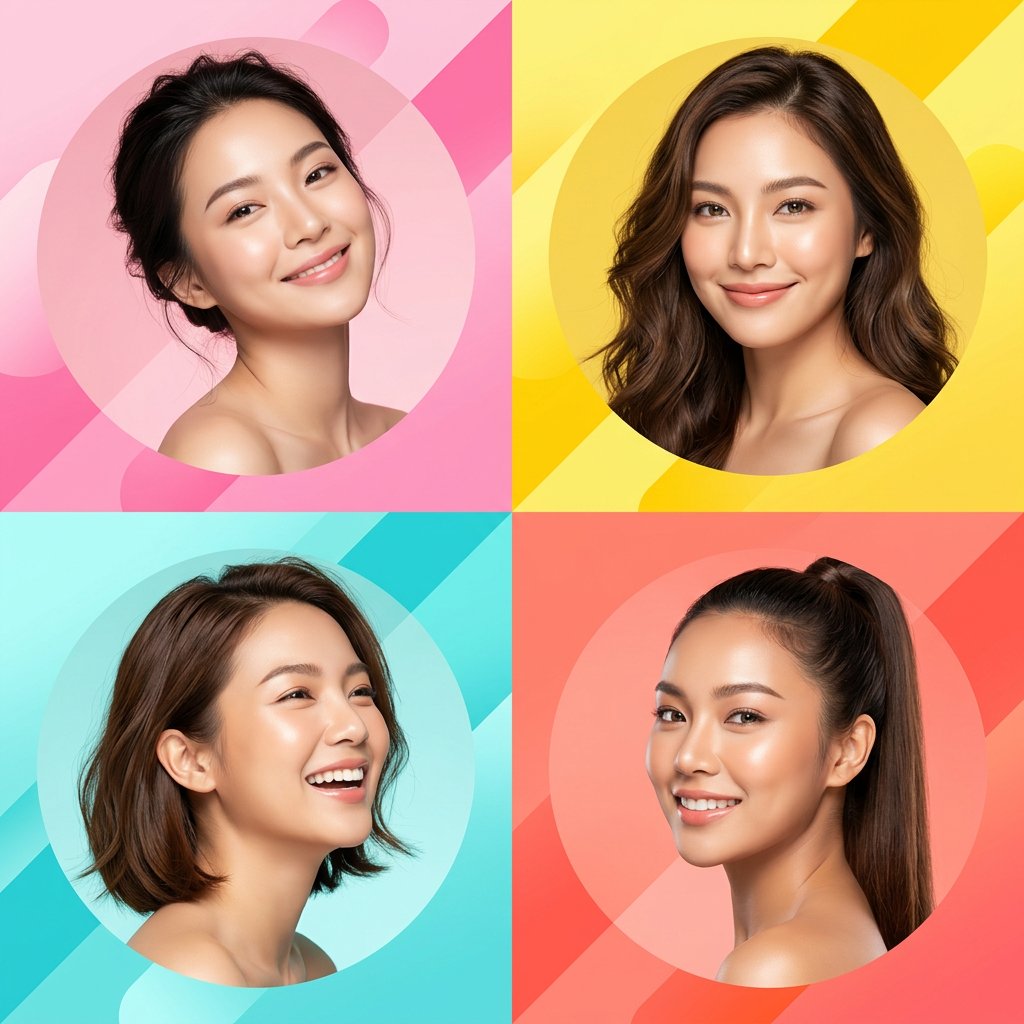 Four-panel skincare collage with women’s portraits on pink, yellow, cyan, and coral backgrounds.